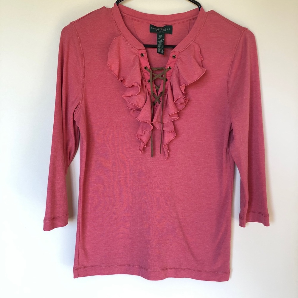Lauren Ralph Lauren Ruffle Lace Up 3/4 Sleeve Top